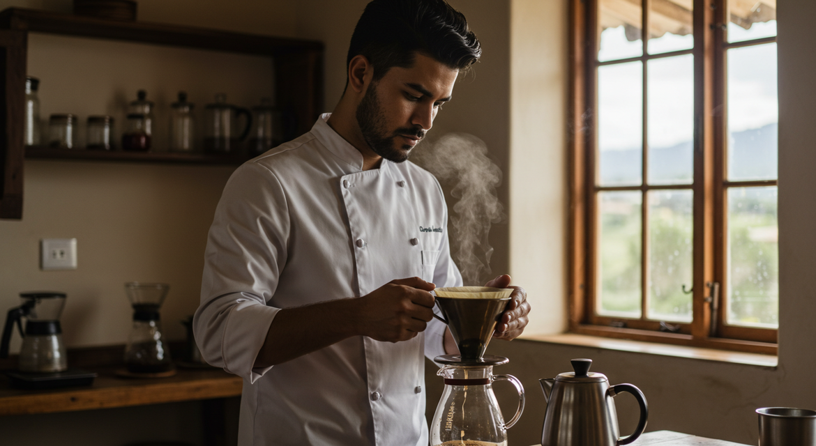 El hombre está filtrando café