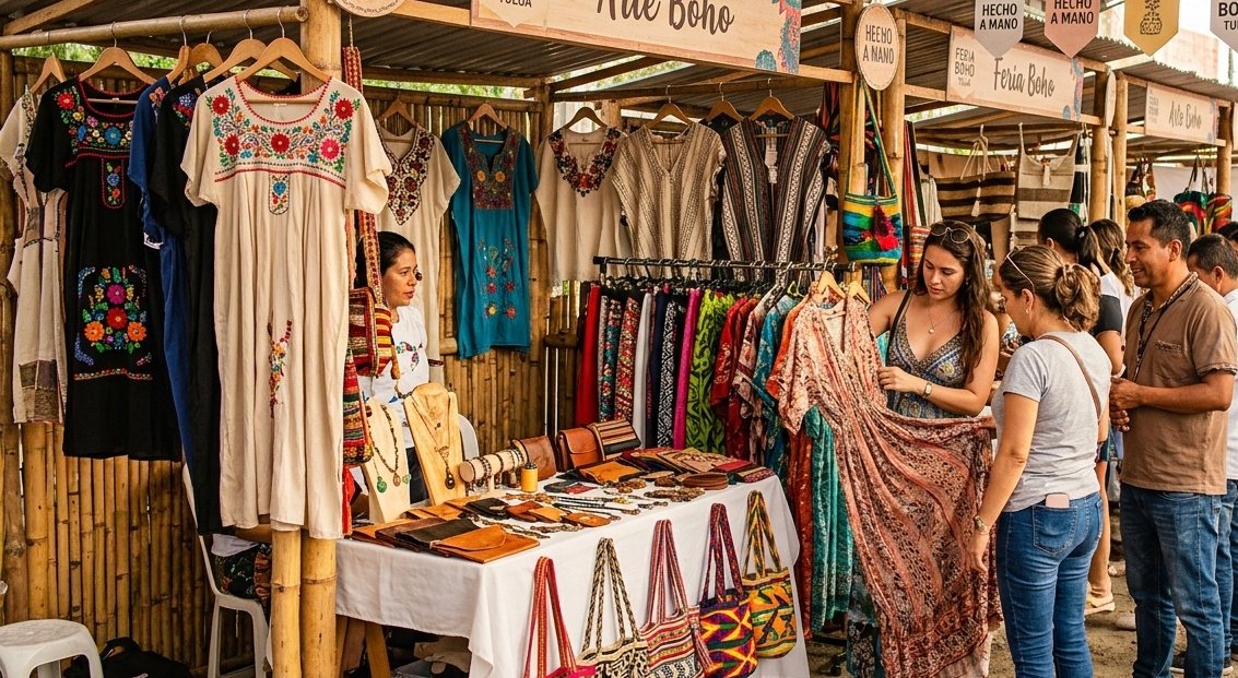 Atendientes de la feria examinan un vestido a la venta