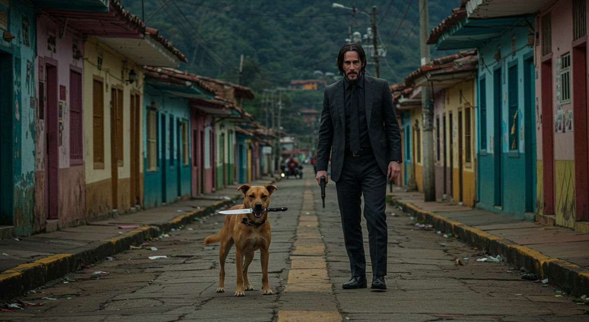 Imagen de John Wick en la calle al lado de un perro con un cuchillo en su hocico