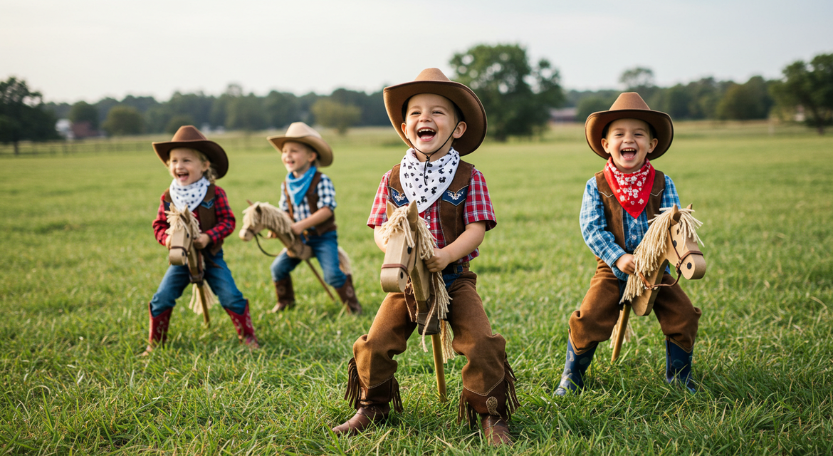 Niños montando caballitos de palo